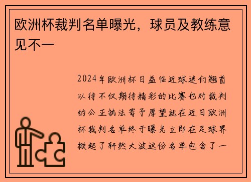 欧洲杯裁判名单曝光，球员及教练意见不一