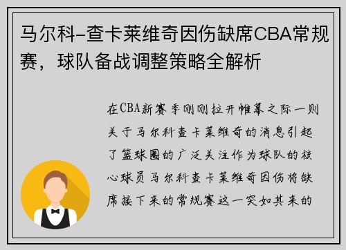 马尔科-查卡莱维奇因伤缺席CBA常规赛，球队备战调整策略全解析